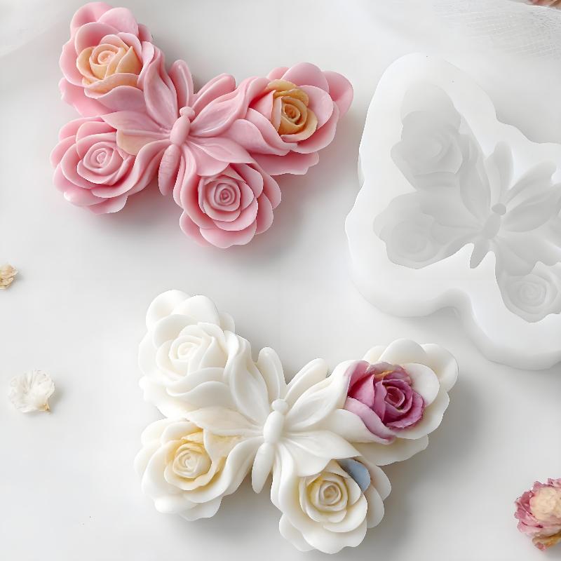 Candle Making Products - แม่พิมพ์ซิลิโคนรูปผีเสื้อกุหลาบ DIY สำหรับทำเทียนหอม ปูนปลาสเตอร์ เรซิ่นอีพ็อกซี่ ของตกแต่ง