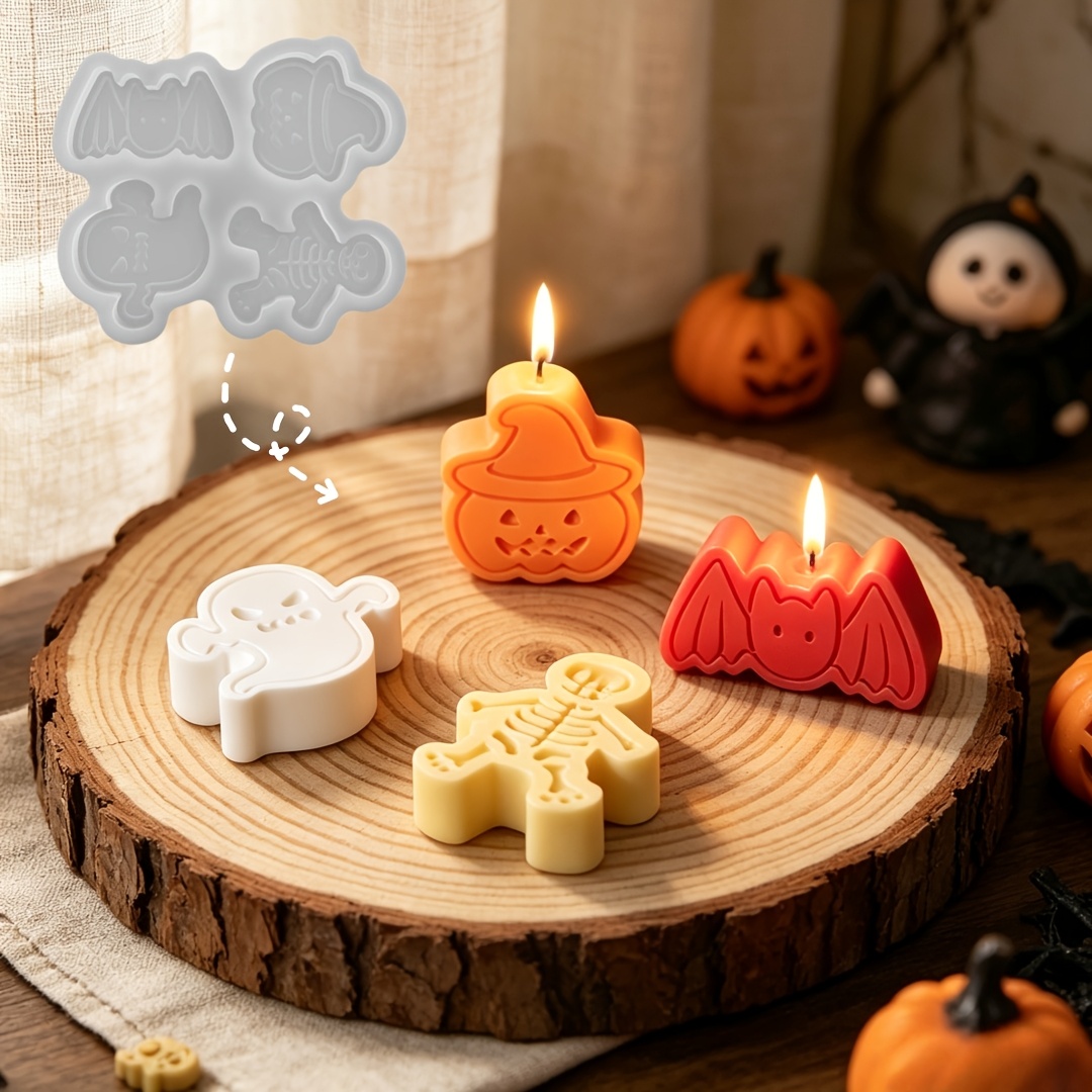 Candle Making Moulds - ชุดแม่พิมพ์ซิลิโคน 4 ช่องสำหรับทำดินเหนียว DIY รูปผี ฟักทอง
